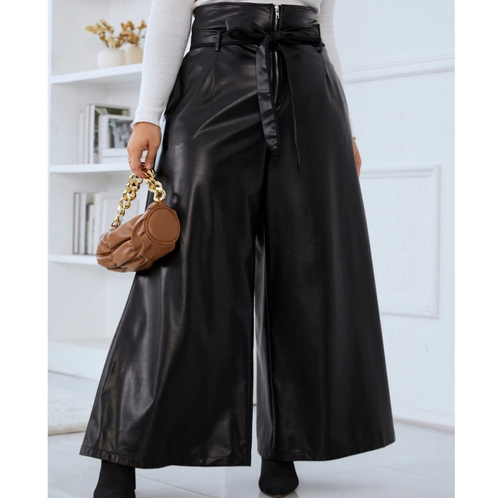 Plus black Vegan Leather Zip Wide leg Pants - Picture 1 of 4